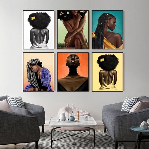 Pintura en lienzo de moda para chica negra, póster e imágenes artísticas de pared para sala de estar, decoración del hogar, retrato de mujer afrocéntrico ► Foto 1/6