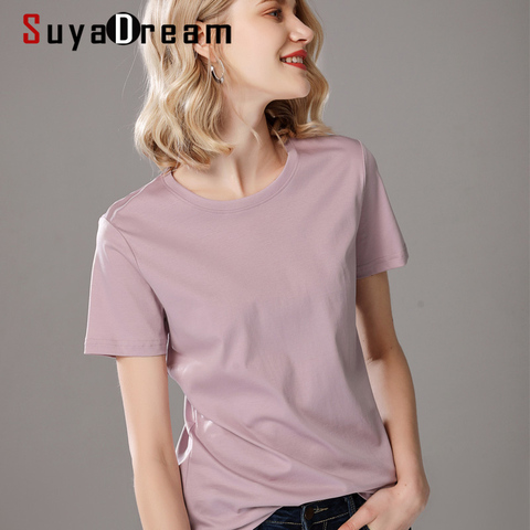 SuyaDream-camisetas lisas de algodón y seda para mujer, camisas lisas de manga corta con cuello redondo, blusas básicas de colores caramelo para verano 2022 ► Foto 1/6