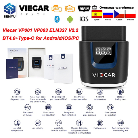 Viecar VP003 ELM 327 V2.2 OBD 2 OBD2 de diagnóstico del coche Auto herramienta de ELM327 lector de código de OBD2 Bluetooth 4,0 USB escáner para Android/IOS ► Foto 1/6