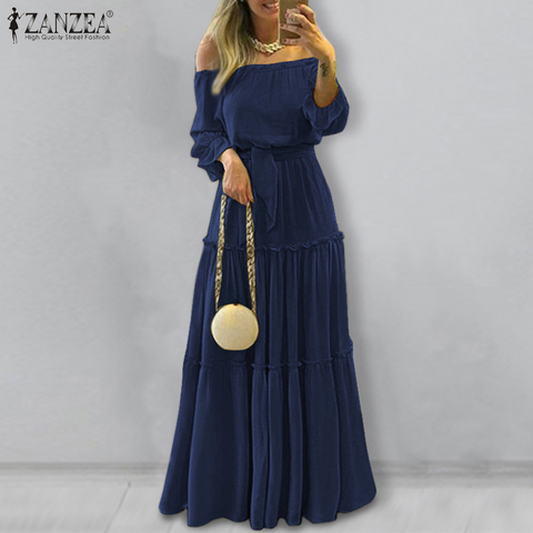 Mujer vestido largo Maxi vestido ZANZEA moda hombro Vestidos de mujer de encaje con cinturón Vestidos de playa vacaciones bata de volantes 5XL ► Foto 1/5