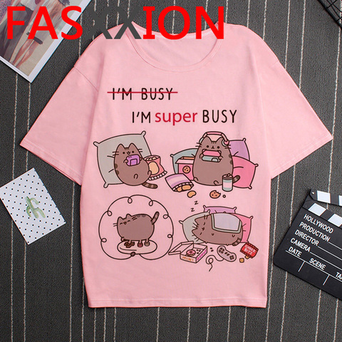 Camiseta Kawaii de gato Pusheen para mujer, Camisetas estampadas bonitas, camisa de gato Ulzzang de estilo coreano, ropa de calle de talla grande para mujer ► Foto 1/6