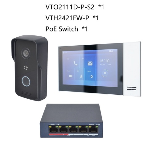 KIT de intercomunicador de vídeo IP en varios idiomas con logotipo DH, incluye VTO2111D-P-S2, VTH2421FW-P, interruptor PoE, firmware SIP ► Foto 1/2