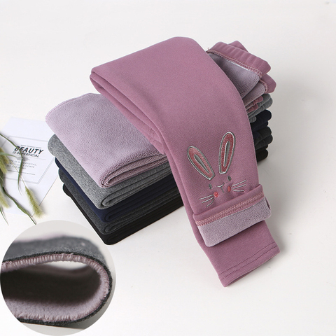 Pantalones de invierno para niñas, pantalones gruesos con forro polar, elásticos, cálidos, de algodón, conejo gato lindo ► Foto 1/6