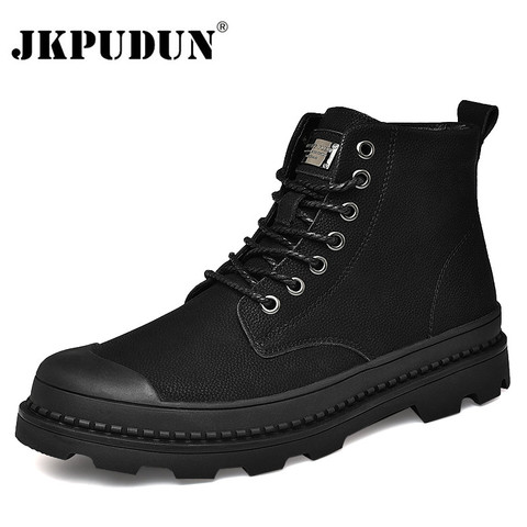 Botas negras cálidas de invierno para hombre, Botines de cuero genuino, zapatos de trabajo de invierno para hombre, Botas de nieve de piel militares para hombre, Botas para hombre JKPUDUN ► Foto 1/6