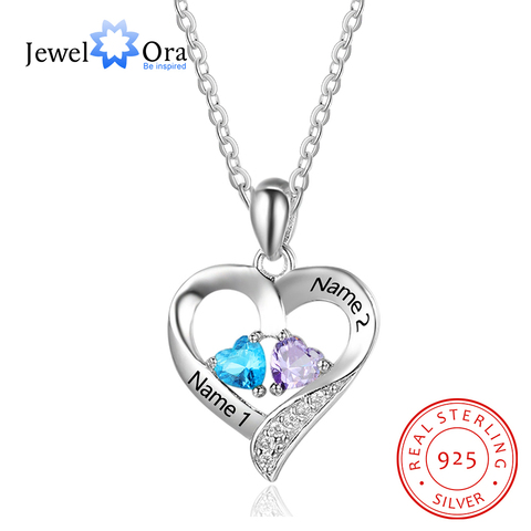 JewelOra-Collar personalizado con nombre de Plata de Ley 925, colgante de corazón con 2 piedras de nacimiento, grabado personalizado, regalo para madres ► Foto 1/6