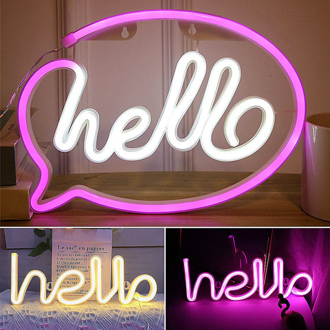 Luces LED de pared Hello Neon para decoración del hogar, señal de felicitación para tienda, noche, luces de fiesta, boda, con batería y alimentada por USB ► Foto 1/6