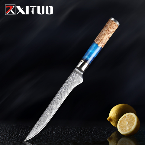 XITUO-cuchillo de deshuesar de acero damasco VG10, cuchillo de Chef, filete de pescado crudo, salmón, cocina, cuchillo de resina de colores azules, herramienta de cocina con mango de madera ► Foto 1/6