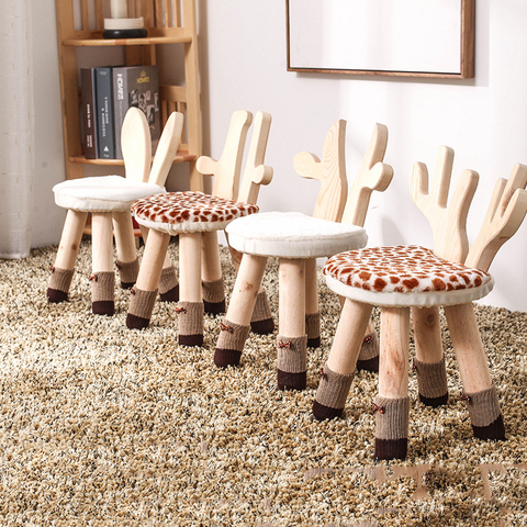 Taburete de madera maciza para niños, silla antideslizante con dibujos de ciervos y conejos, muebles para el hogar y la escuela ► Foto 1/1