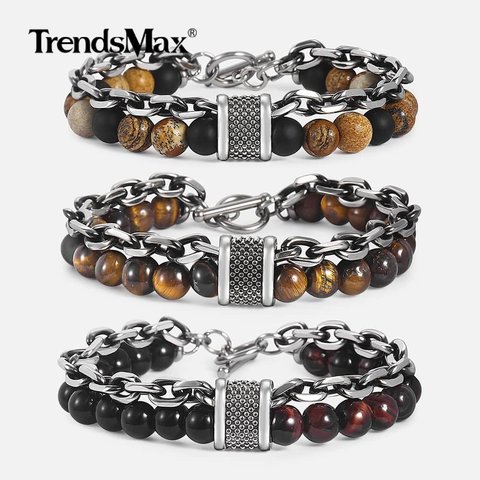 Trendsmax-pulsera de cuentas con piedra de ojo de tigre Natural para hombre y mujer, brazalete de cadena de acero inoxidable, joyería para hombre DBM51 ► Foto 1/6