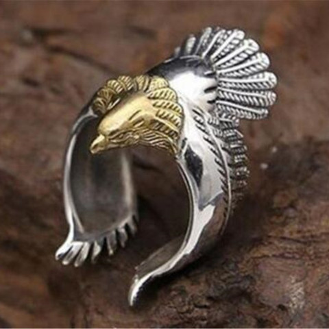 Buyee-anillos de plata 925 para hombre, anillo abierto vívido con cabeza de águila dorada, joyería de Animal Rock Punk ► Foto 1/6