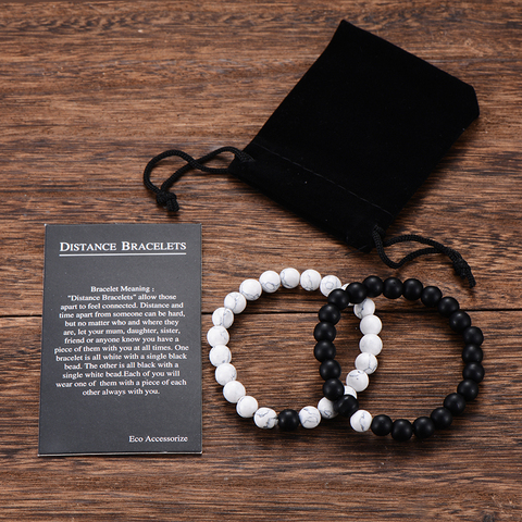 2 unids/set pulsera de distancia para parejas, piedras naturales clásicas, brazaletes con cuentas blancas y negras Yin Yang para hombres, mujeres, mejor amiga ► Foto 1/6