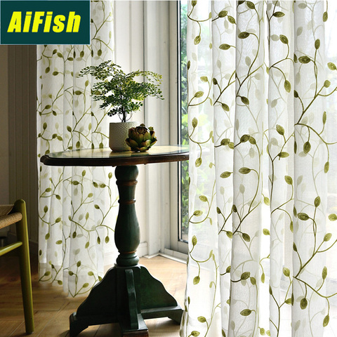 Cortinas de ventana elegantes estilo Pastoral americano, tul de Bordado de hojas verde puro de textura suave, para balcón de la cocina, WP072-4 ► Foto 1/6