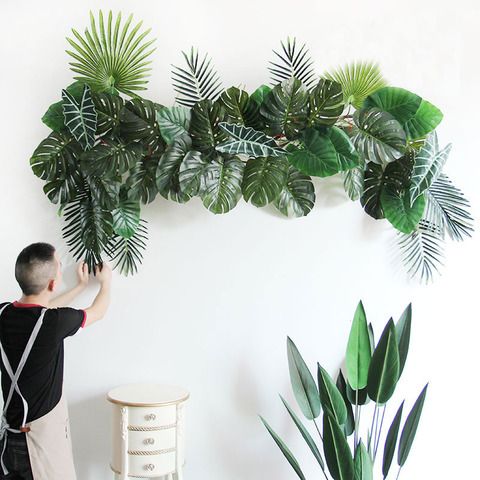 Hojas artificiales de Monstera verde para decoración de fiesta de cumpleaños, decoración artesanal de pared de plantas accesorios de arreglo floral, 30-70cm ► Foto 1/6