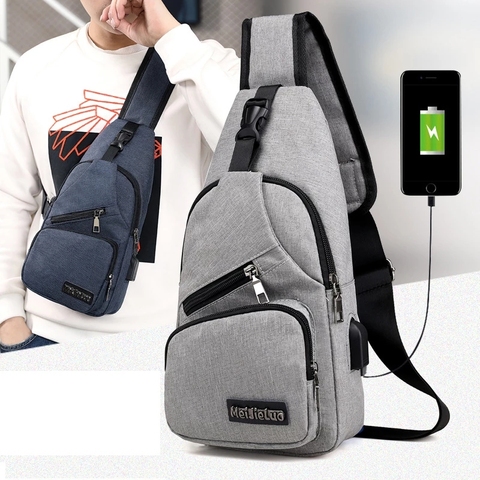 Bolso de lona multifunción e informal para hombre, riñonera de pecho, resistente al agua, con cremallera Interior y carga USB ► Foto 1/6