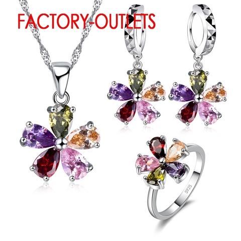 Conjunto de collar y pendientes de Aro para mujer, Set de joyería de plata de ley 925 con cristales de colores austriacos, regalo para aniversario ► Foto 1/6