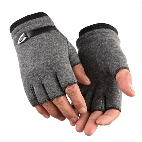 Guantes sin dedos para hombre, manoplas de gamuza para conducir, cuero, negro y gris, medio dedo, elásticos, para bicicleta al aire libre, cálidos, para invierno ► Foto 1/6