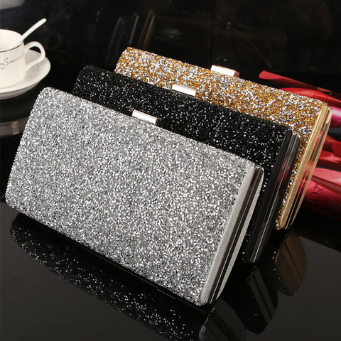 Bolso de mano de lentejuelas de diamante para mujer, bolso de noche de cristal para mujer, bolso de boda, banquete, negro, oro, plata, dos cadenas ► Foto 1/6