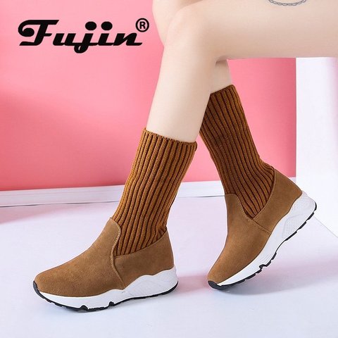 Fujin botas de nieve para mujer que hacen punto la plataforma Flock botines de piel de felpa zapatos de gamuza calientes para mujer botas de invierno zapatillas de nieve ► Foto 1/6