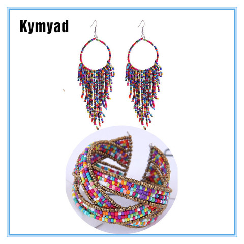 Kymyad-conjunto de joyas bohemias para mujer, Set de pendientes y cuentas coloridas, pulseras abiertas, conjunto de joyería africana, joyería hecha a mano con cuentas ► Foto 1/6