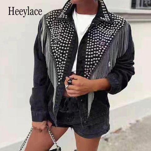 Las mujeres mano de alta calidad-studded Rivet vaquero con fleco chaqueta borlas con lentejuelas Streetwear de manga larga pantalones vaqueros chaqueta Feminina ► Foto 1/6