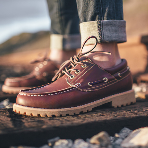 Mocasines de cuero genuino para hombre, zapatos náuticos informales de cuero de vaca de talla grande, calzado clásico, botas de trabajo ► Foto 1/6