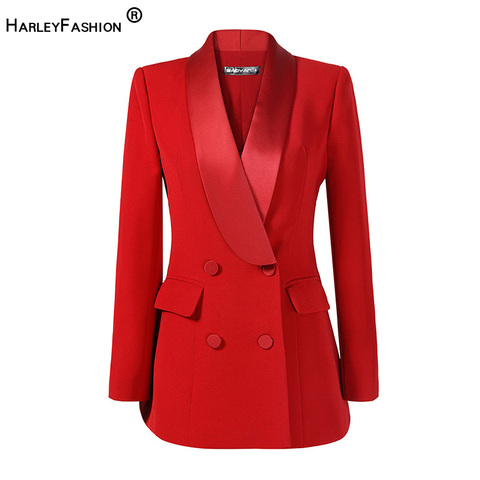 HarleyFashion-Chaqueta fina de oficina para mujer, Blazer Formal de calidad en negro y rojo, diseño clásico, cuello chal, Color sólido ► Foto 1/5