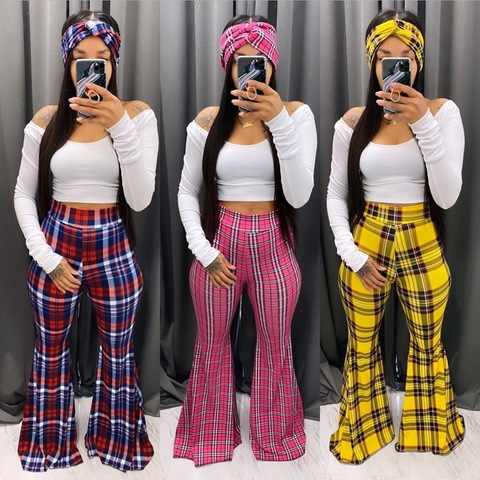 ANJAMANOR Plaid impresión de alta cintura pantalones para las mujeres 2022 de campanilla Sexy Pantalones casuales D91-CC26 ► Foto 1/6