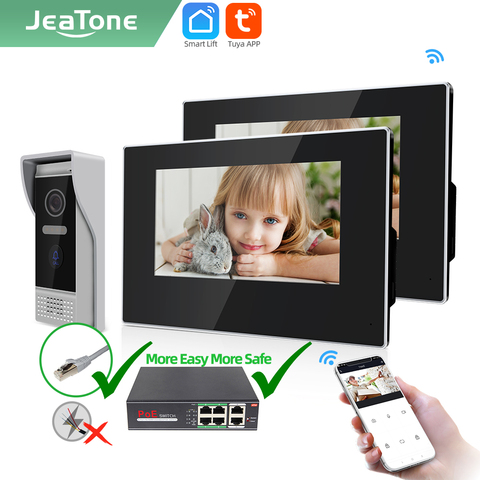 Jeatone-videoportero inteligente Tuya de 7 pulgadas, dispositivo de visión nocturna con cámara, detección de movimiento, 2 monitores y 1 timbre, 110 °/720P/AHD ► Foto 1/6