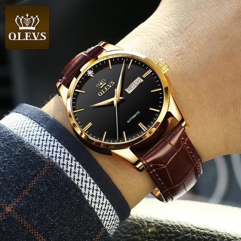 OLEVS-reloj con correa de cuero para hombre, accesorio masculino de pulsera resistente al agua con mecanismo automático, complemento mecánico de marca lujosa de negocios, nuevo, 6629 ► Foto 1/6