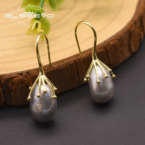 GLSEEVO-pendientes de perlas grises de agua dulce Natural para mujer y niña, Pin de oreja de compromiso, Plata de Ley 925, joyería coreana, GE0335D ► Foto 1/5