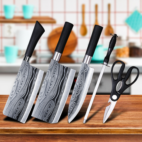 Cuchillo afilado de acero para Chef, juego de cinco piezas de acero completo para cocina, tijeras, cuchillo de fruta ► Foto 1/6