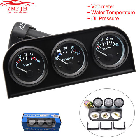 Kit de indicadores 3 en 1 para coche, medidor de voltaje, temperatura del agua y medidores de presión de aceite, soporte negro, medidores de coche, Kit de Triple calibre, 52mm, 2