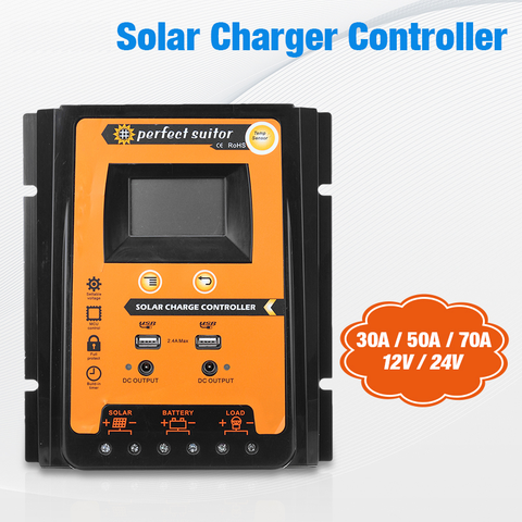 Regulador Solar MPPT, 12V, 24V, 30A, 50A, 70a, controlador de carga Solar IP 32, regulador de batería de Panel impermeable, pantalla LCD USB Dual ► Foto 1/6