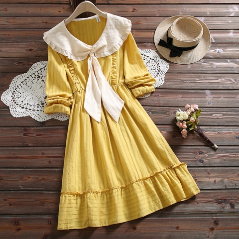 Vestido de primavera-otoño de estilo japonés, kawaii, liso, con cuello peter pan, informal, con volantes ► Foto 1/5