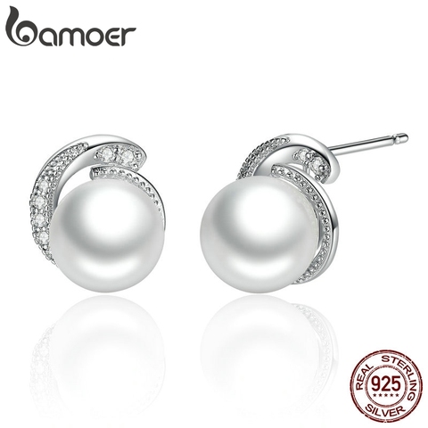 BAMOER pendientes de perlas joyería de plata de ley 925 blanco perla de presión, pendientes para las mujeres joyería de moda SCE021 ► Foto 1/6