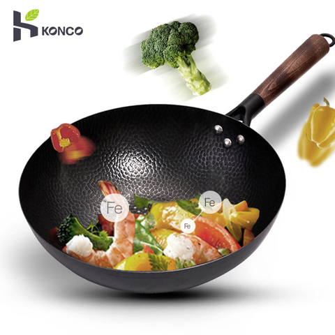 Sartén de hierro fundido Konco de hierro puro wok olla no recubierta uso General para cocina de Gas e inducción 32cm sartén de utensilios de cocina china Wok ► Foto 1/6