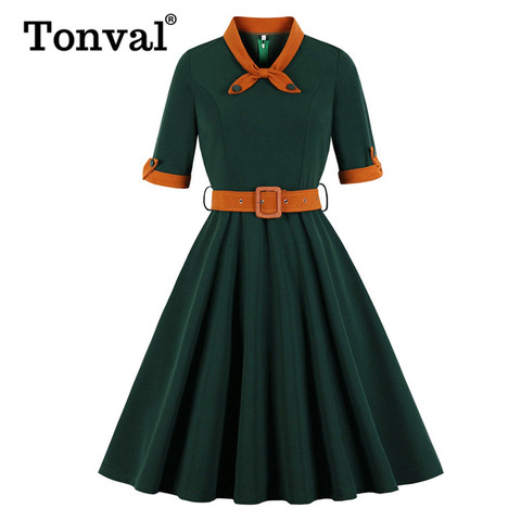 Tonval-vestido verde de media manga para mujer, con lazo, cuello y puños, ceñido, Retro, para otoño ► Foto 1/6