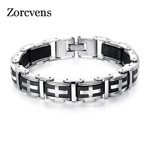 ZORCVENS-pulsera con símbolo cruzado de acero inoxidable para hombre, brazalete de silicona de goma negra de alta calidad, joyería religiosa ► Foto 1/6