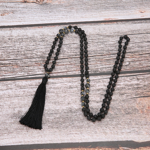 Cuentas de 108 Mala de piedra volcánica de 6mm para meditación anudada, joyería semipreciosa para hombres y collar con amuleto para mujer, borla negra colgante ► Foto 1/6