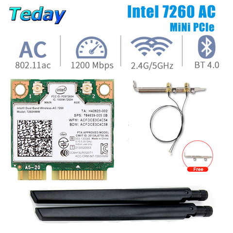 Minitarjeta de red inalámbrica para ordenador de escritorio, adaptador de antena con Intel 1200, PCIE, Wifi, banda Dual, 7260HMW, Bluetooth 7260, CA, 802,11 Mbps ► Foto 1/6