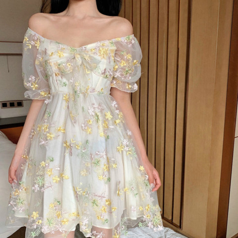 Vestido de verano corto de gasa con manga abombada, minivestido Sexy con estampado Floral francés para mujer, estilo coreano Vintage, 2022 ► Foto 1/6