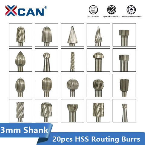 XCAN enrutador giratorio de la fresa 20 piezas 3mm caña HSS de Router Bits Burr Rotary de madera Kit de herramientas para tallar herramientas para trabajar la madera ► Foto 1/6