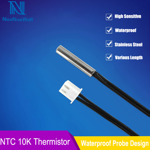 Sensor de temperatura NTC 0,5/1/2/3/5M de longitud, resistente al agua, XH2.54, Terminal de enchufe 2P, Cable 10K para ordenador, sonda de refrigerador ► Foto 1/5