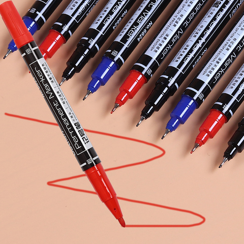 Rotuladores permanentes de doble cabeza, negro, azul y rojo, para papel, acero, CD, pintura de tela de vidrio, suministros escolares y de oficina, 3 uds. ► Foto 1/6