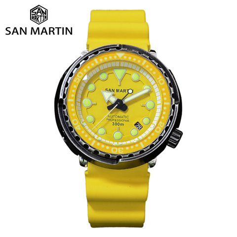 Reloj Automático San Martin TUNA NH35 para hombre, reloj de acero inoxidable envejecido negro, 300bar, impermeable, caucho fluorado, zafiro, abertura para fecha ► Foto 1/6