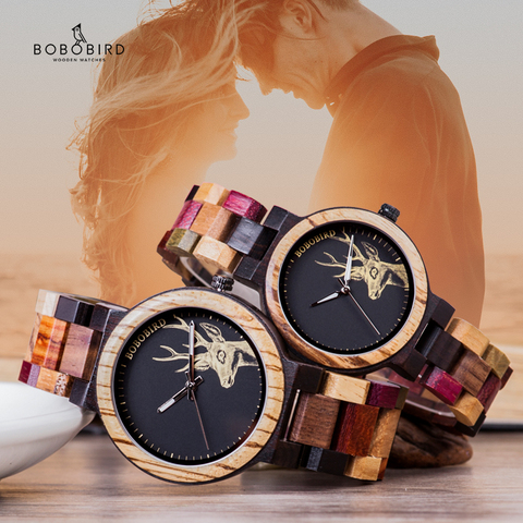 BOBO BIRD-reloj de cuarzo para hombre y mujer, reloj masculino de madera con grabado de alce, en caja de madera ► Foto 1/6