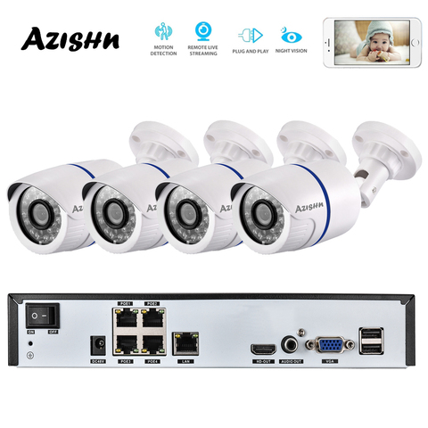 AZISHN 4CH H.265 + 1080P 48V POE 2MP NVR sistema de cámaras de CCTV seguridad al aire libre 1080P cámara IP P2P sistema de Video vigilancia NVR Kit ► Foto 1/6