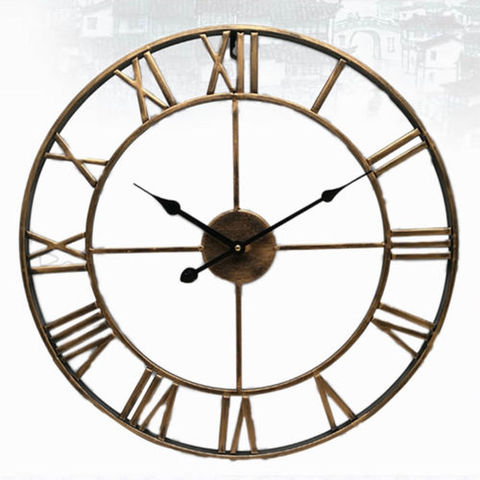 Reloj de pared de Número Romano de Metal nórdico de 40/47 CM, esfera redonda de hierro Retro, dorado y negro, reloj grande para exteriores para jardín, decoración del hogar ► Foto 1/5