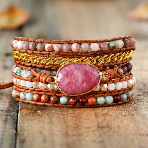 Pulsera de cuero de 5 hebras con cadena de rodonita, brazalete de estilo bohemio ► Foto 1/6