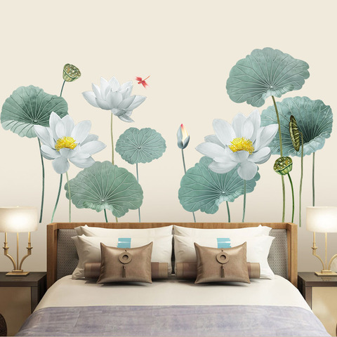 Pegatinas de arte de la pared de flor de loto gigante, decoración de sala de estar, Fondo de TV, sofá, decoración de pared para el hogar, carteles DIY ► Foto 1/5